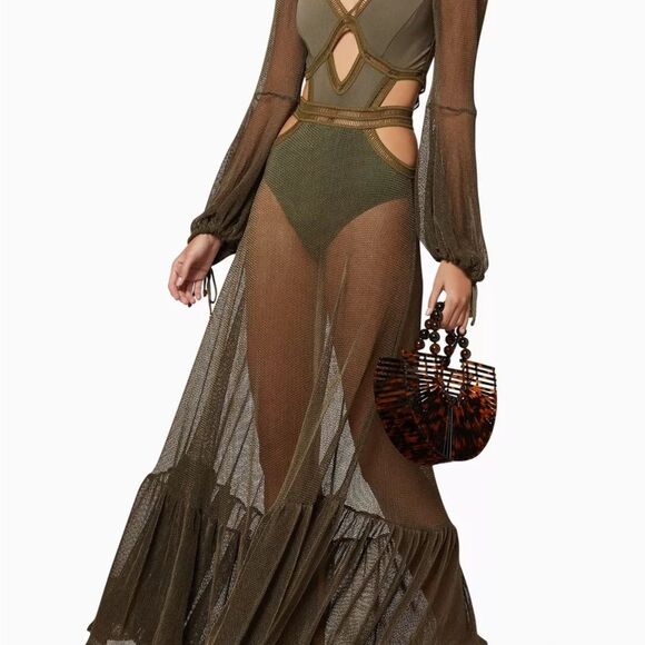 PATBO Cutout Mesh & Stretch Netted Jersey Maxi Dress. Army Green. Worn Once. XS. - Picture 2 of 7